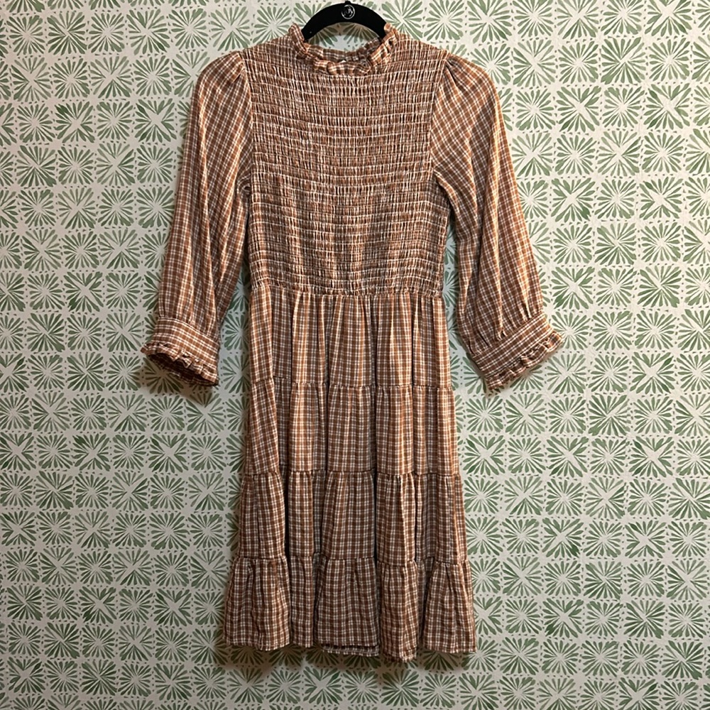 Pink Plaid Shirred Dress Sz Small